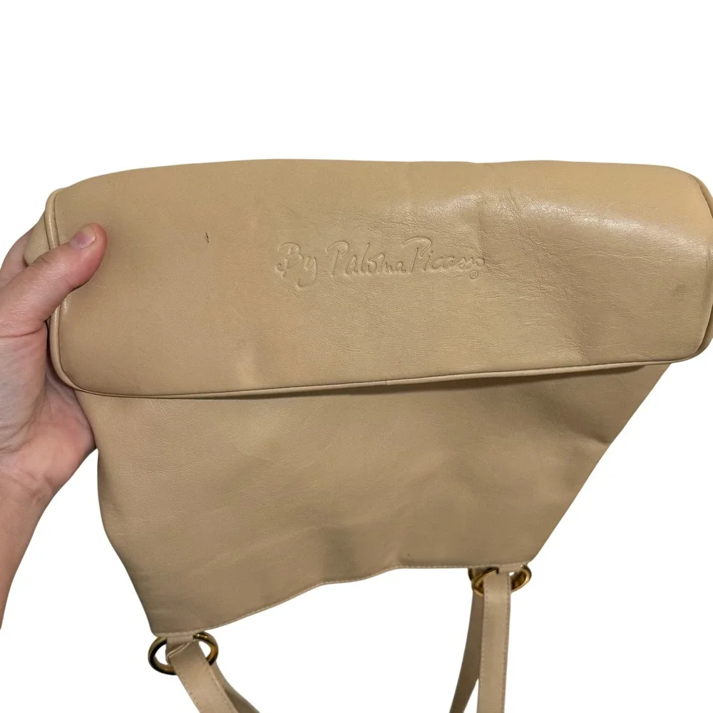 Vintage Paloma Picasso Leather Shoulder Bag Beige Gold‎ Logo Italy Repair